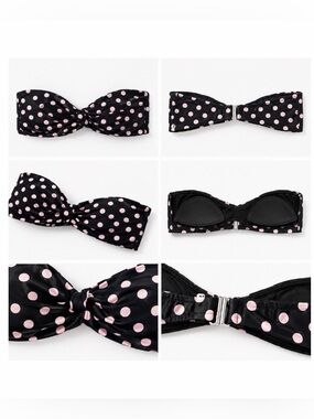 Topshop bandeau bikini, black with baby pink polkadots tie front